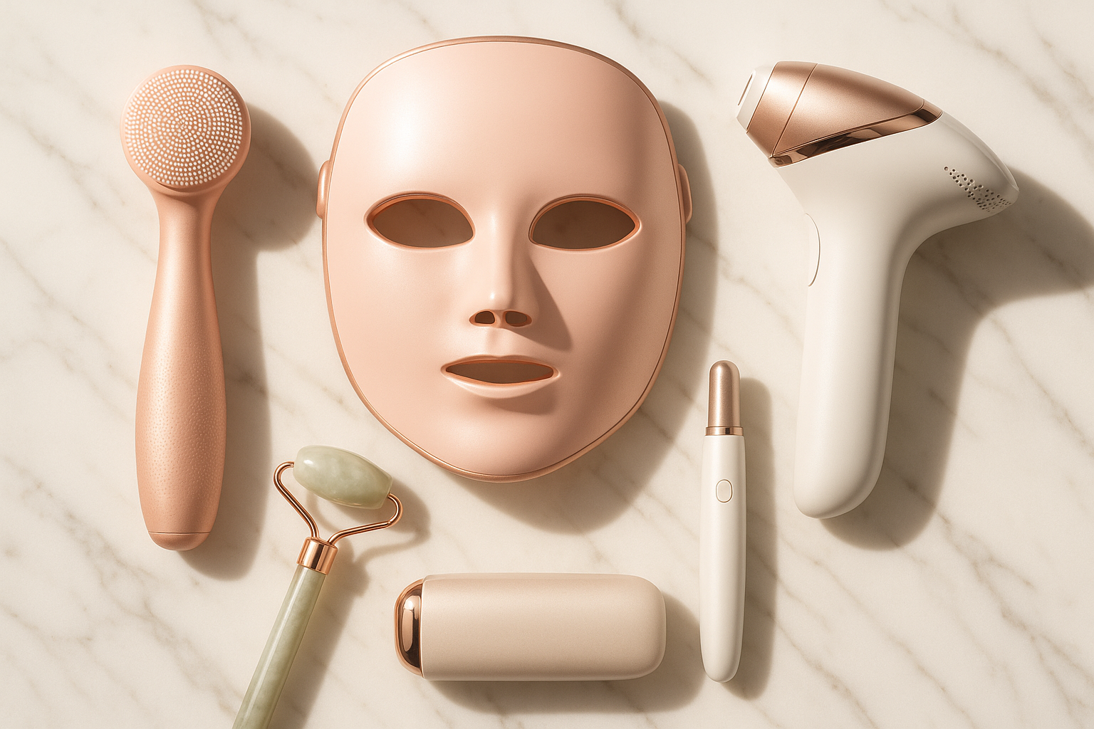 il me faut encore une image pour notre histoire cette fois je souhaite avec des produit de beauté électronique sans personne et sans titre et ou texte